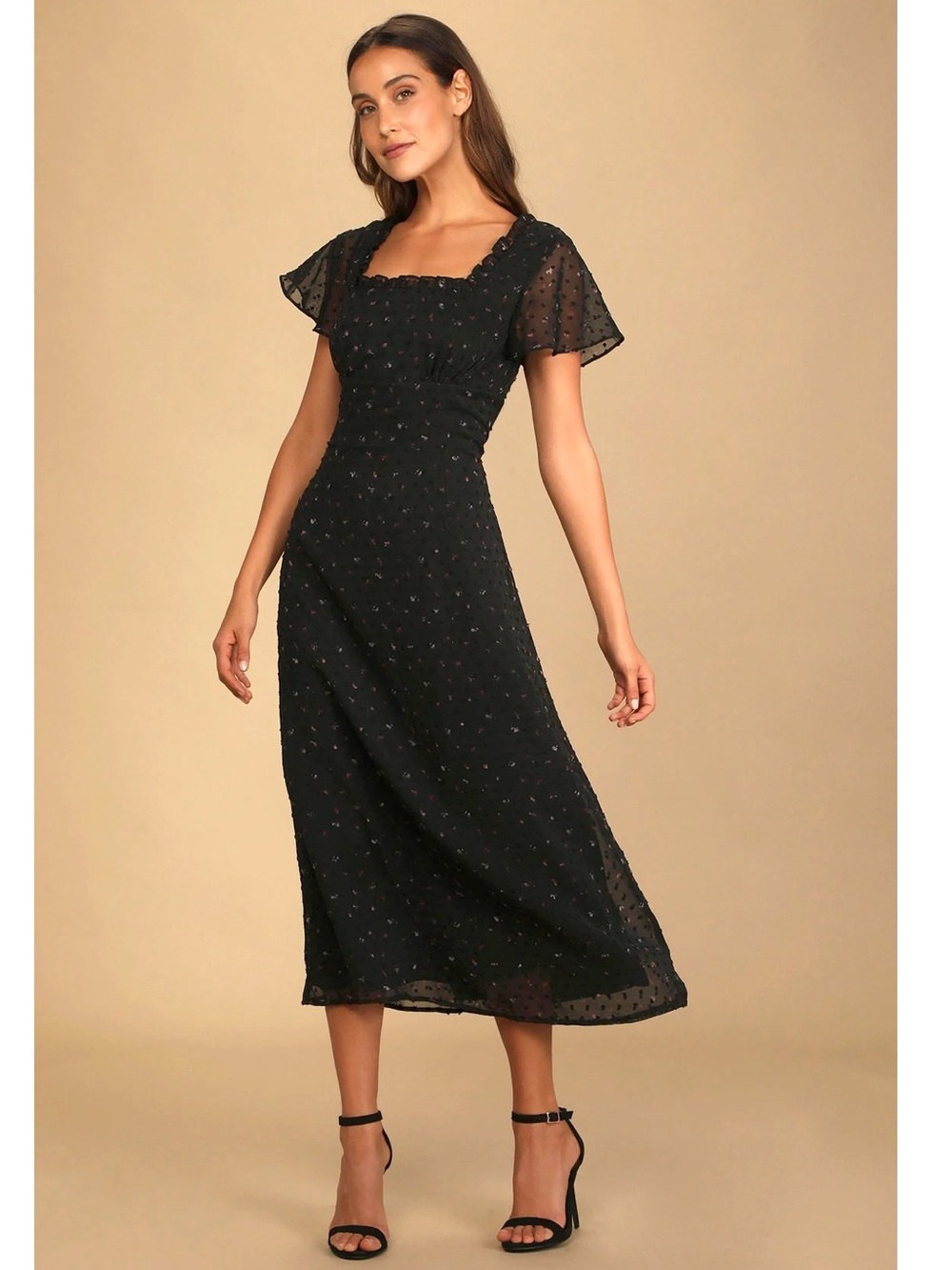 Lulus So Kiss Me Black Floral Print Swiss Dot Maxi Dress Event NWT Large
